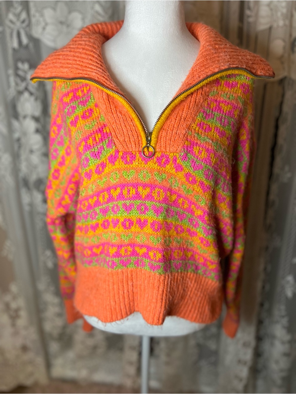 Zara Orange, Pink & Lime Zip-Neck Patterned Women's Sweater XL